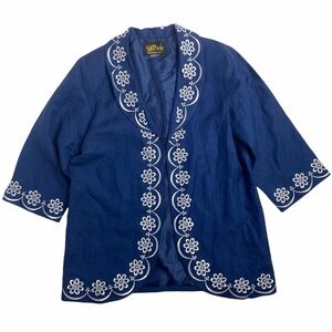 BOB MACKIE Wearable Art  Floral Embroidered Artsy Linen Blend Jacket 3/4 sleeve